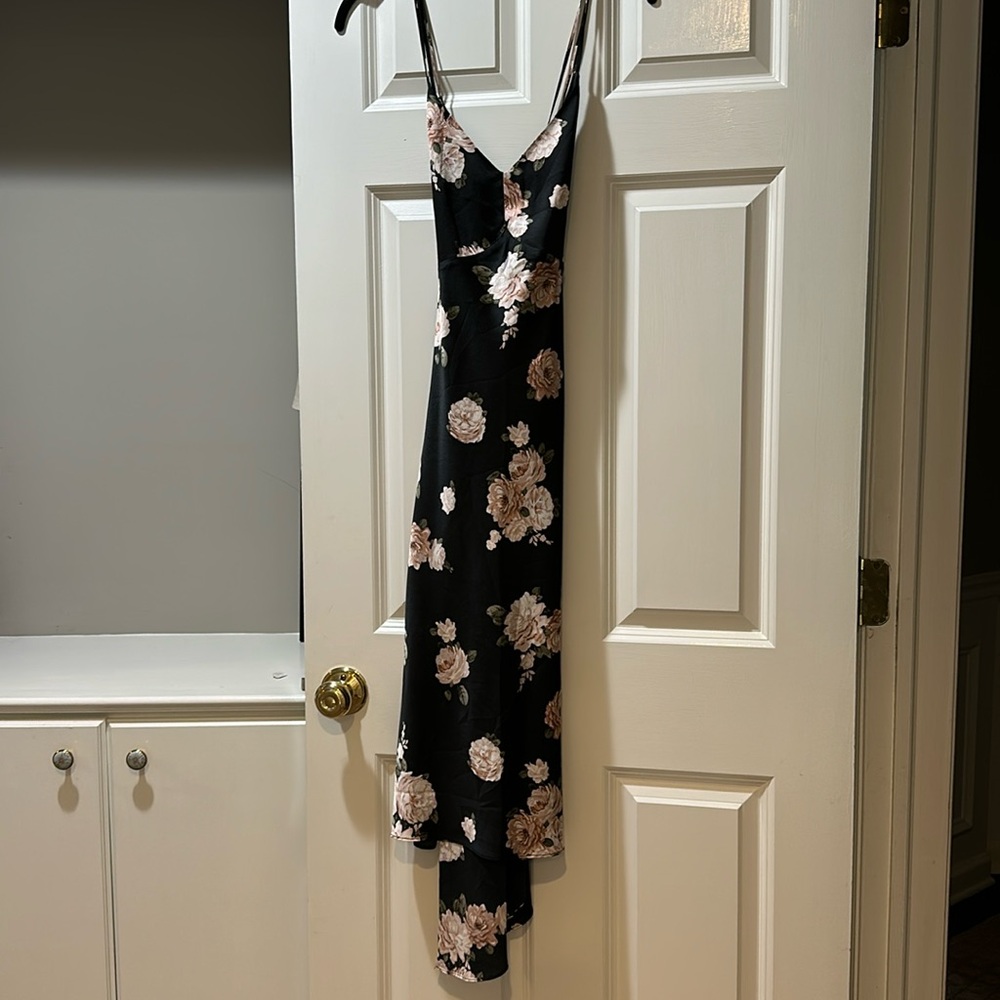Abercrombie black Rose print satin slip dress | Size Medium